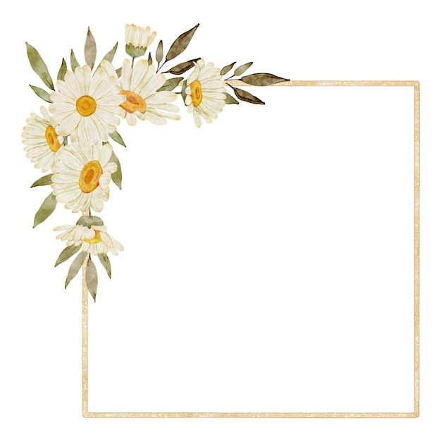 Watercolor daisy floral frame in gold geometric