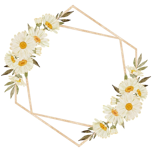 PSD watercolor daisy floral frame in gold geometric