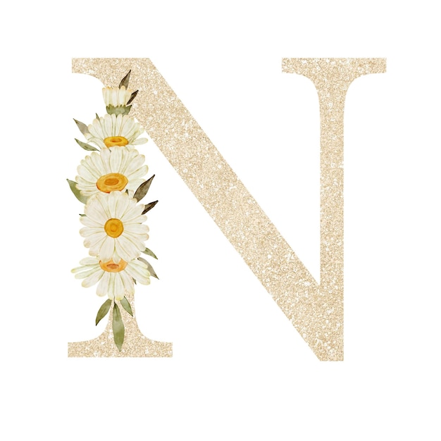 PSD watercolor daisy flower alphabet n