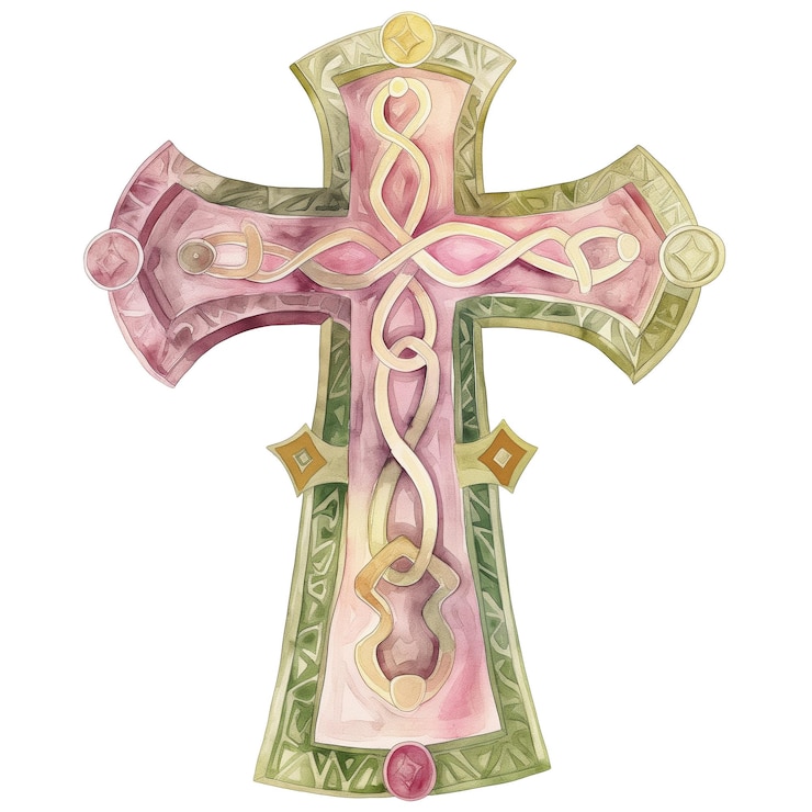 PSD watercolor decorative cross design with intricate celtic patterns and soft pastel colors