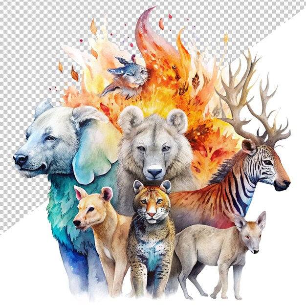 Watercolor design of animals transparent background