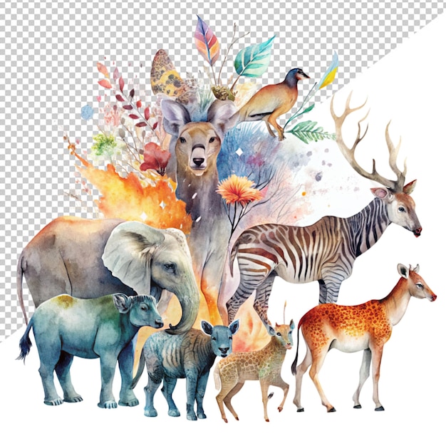 PSD watercolor design of animals transparent background