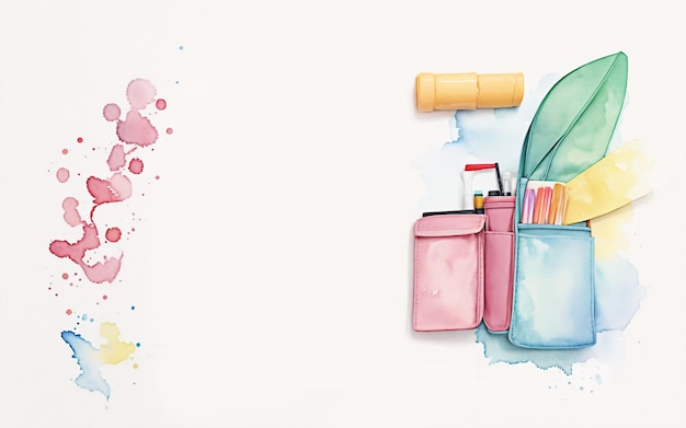 Watercolor Drawing Background for Back to School Theme with Pens and School Bag