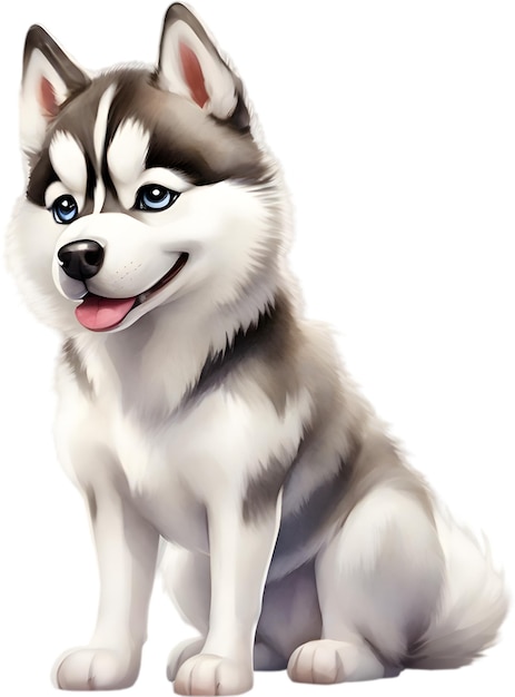 PSD watercolor drawing of a cute siberian husky dog in cartoon style