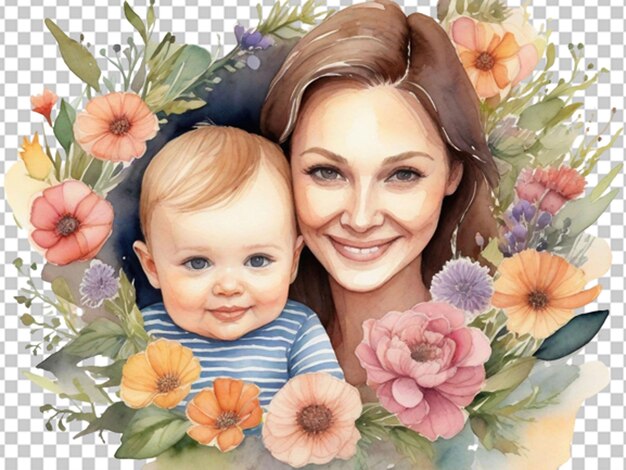 Disegno ad acquerello di mamma e bambino in una cornice di fiori