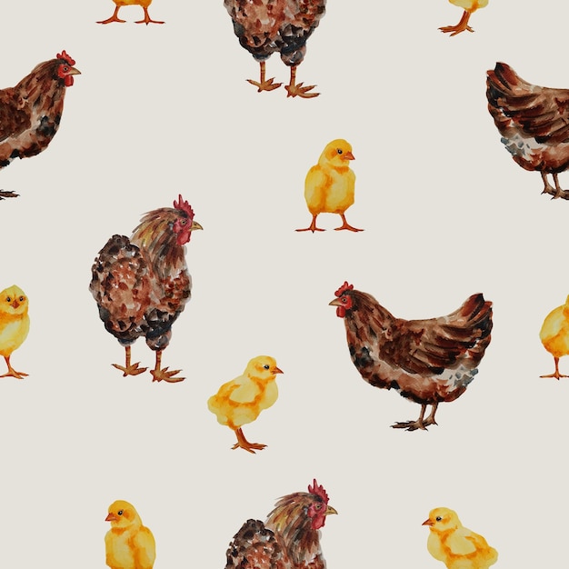 PSD watercolor easter hen and chicks seamless pattern