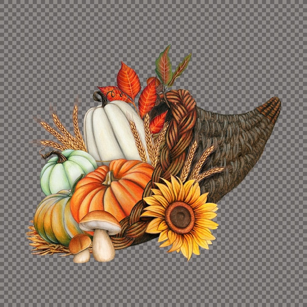 Watercolor fall cornucopia full of pumpkins