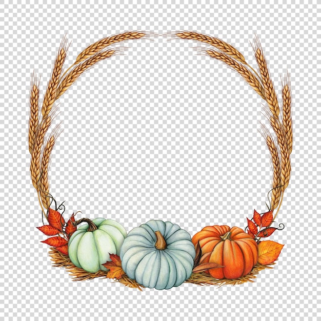 watercolor fall wreath with ears of wheat pumpkins and autumn leaves