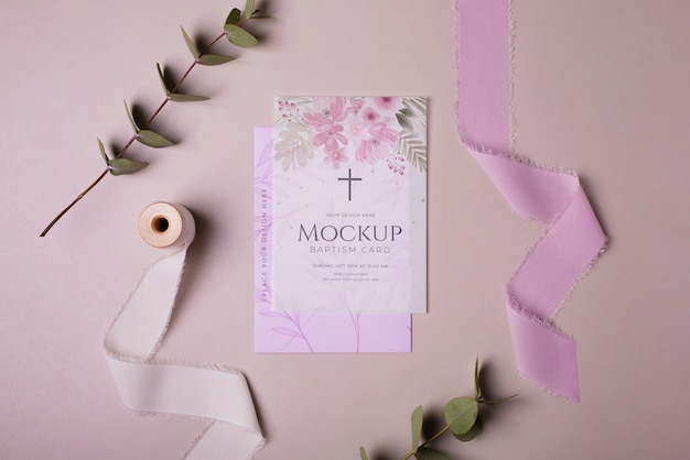 PSD watercolor floral baptism card mock-up design