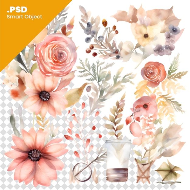 Watercolor floral bouquetshand painted on a white background psd template