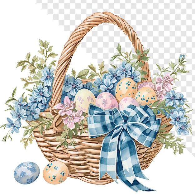 PSD watercolor floral easter basket with festive ribbon and easter eggs