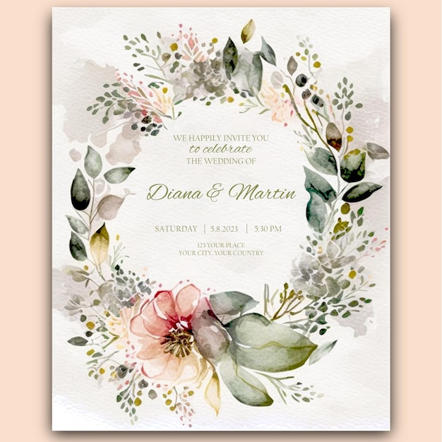 PSD a watercolor floral invitation for a wedding.