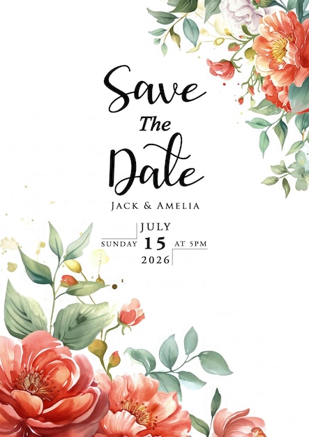 PSD watercolor floral wedding invitation greeting cards