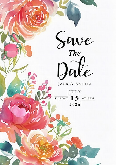PSD 水彩の花の結婚式の招待状グリーティング カード