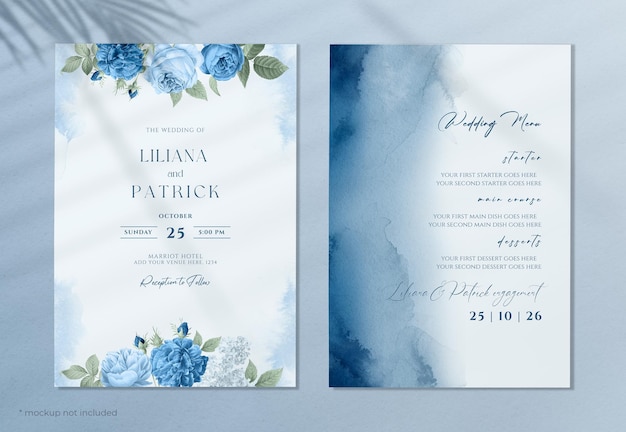Watercolor floral wedding invitation and menu template set with blue theme