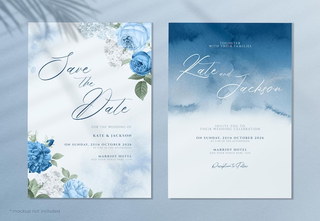 Watercolor floral wedding invitation template set with blue theme