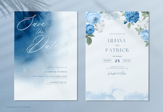 PSD watercolor floral wedding invitation template set with blue theme