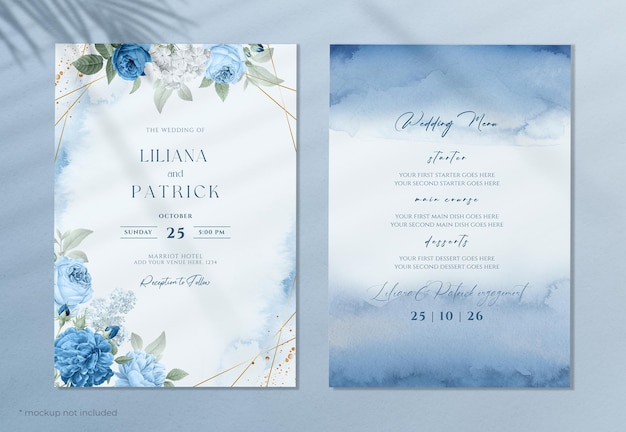 Modello di invito a nozze floreale dell'acquerello con tema blu