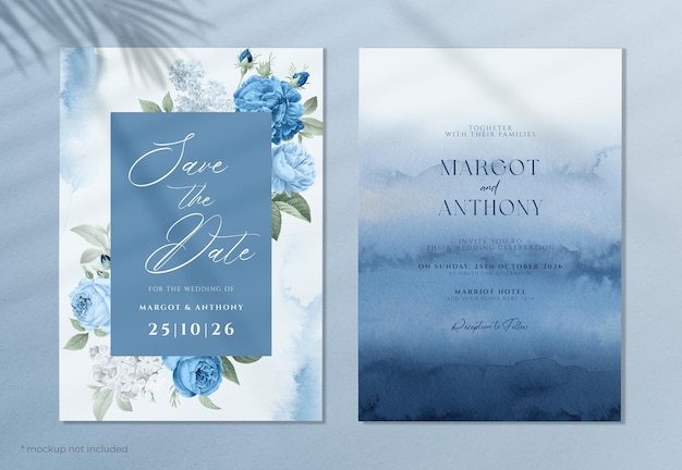 PSD watercolor floral wedding invitation template set with blue theme