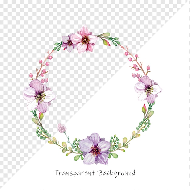 Watercolor floral wreath with purple and pink flowers