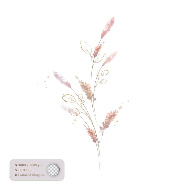 PSD watercolor flower arrangement with golden leaves and glitter