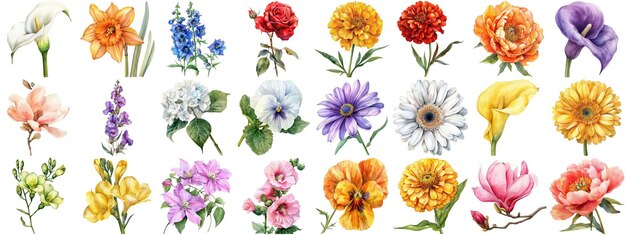 PSD watercolor flower set isolated background various floral collection crisp edges