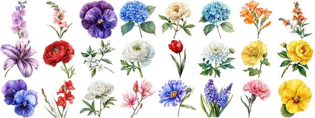 PSD watercolor flower set isolated background various floral collection crisp edges