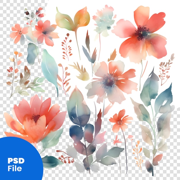 PSD 水彩の花 手描きのイラスト 白い背景のpsdテンプレートに分離されています