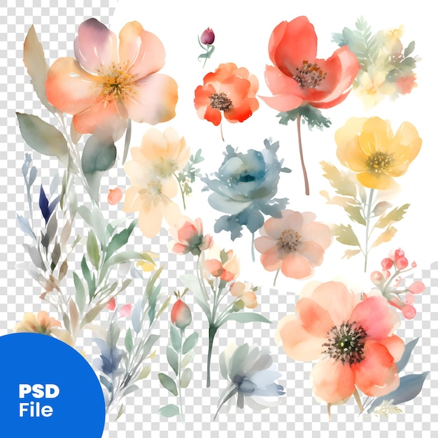 PSD 水彩花セット手描きイラスト白い背景に分離 psd テンプレート