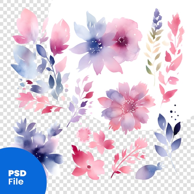 PSD set di fiori ad acquerello a mano illustrazione isolata su sfondo bianco modello psd