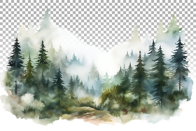 PSD watercolor foggy forest landscape wild nature in wintertime