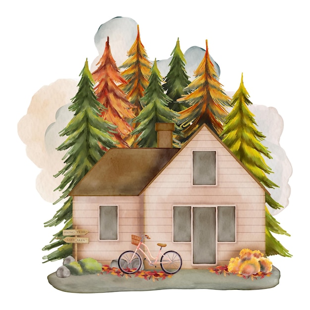 PSD watercolor forest cabin