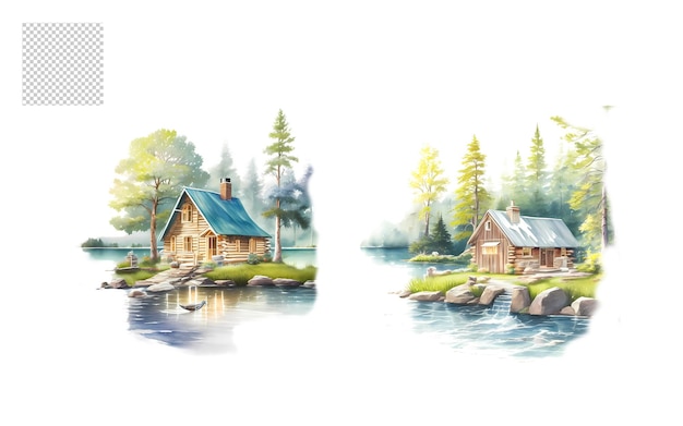 PSD watercolor forest house illustration png set