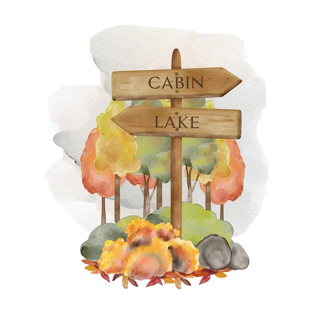 PSD watercolor forest wooden sign