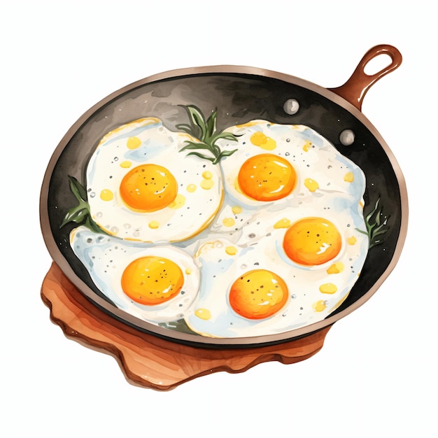 watercolor fried eggs in a frying pan