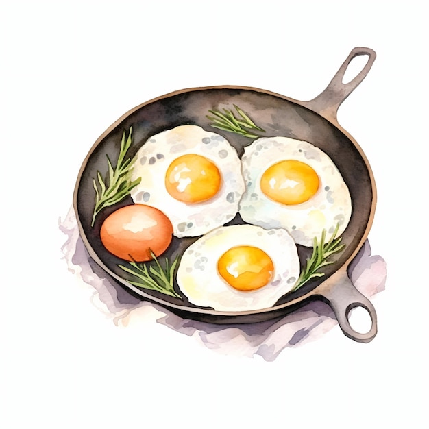 PSD watercolor fried eggs in a frying pan