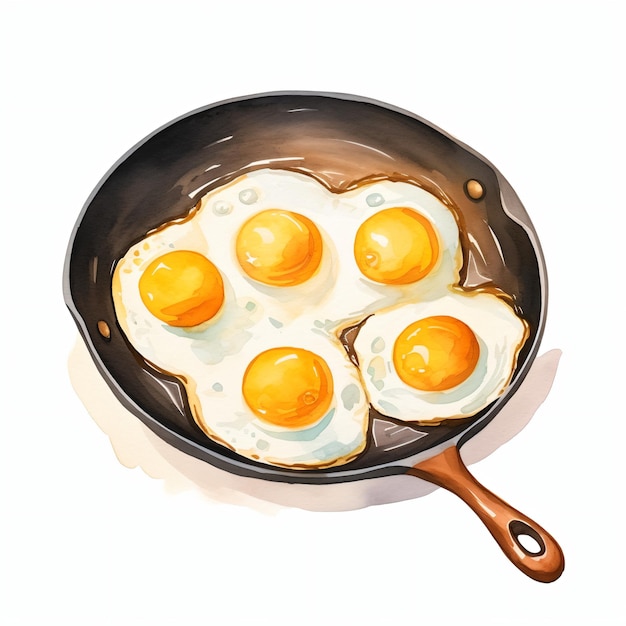 Watercolor fried eggs in a frying pan