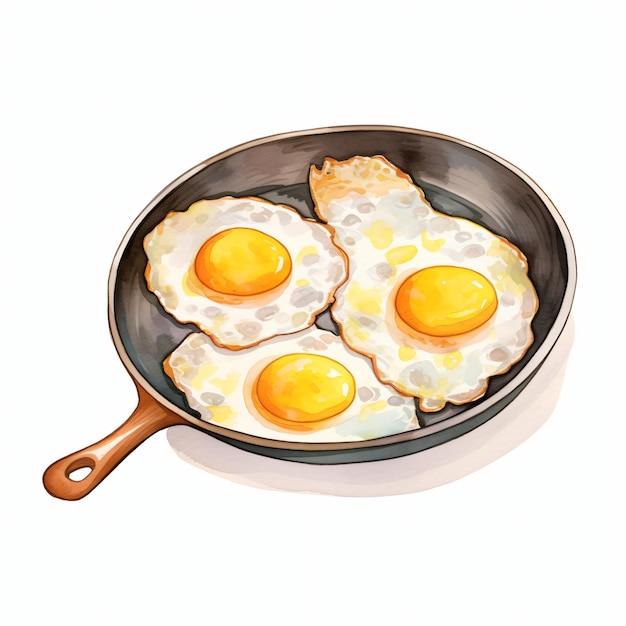 Watercolor fried eggs in a frying pan