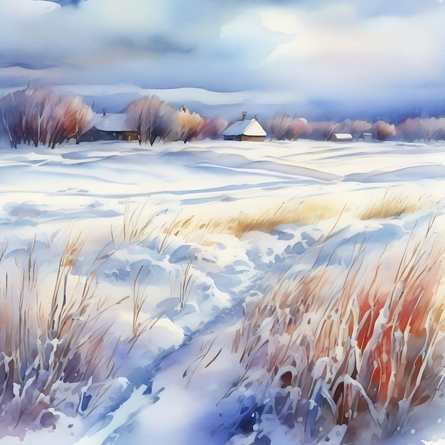 PSD 水彩画 凍った雪に覆われたシベリアの畑