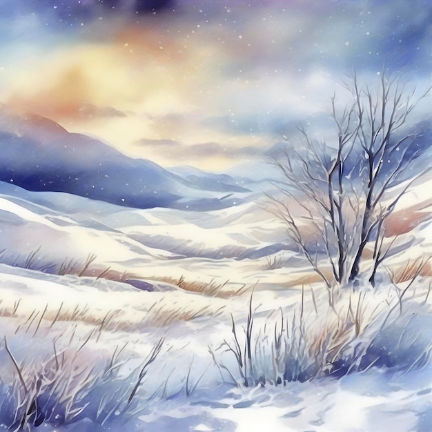 PSD watercolor frozen snowcovered siberian field