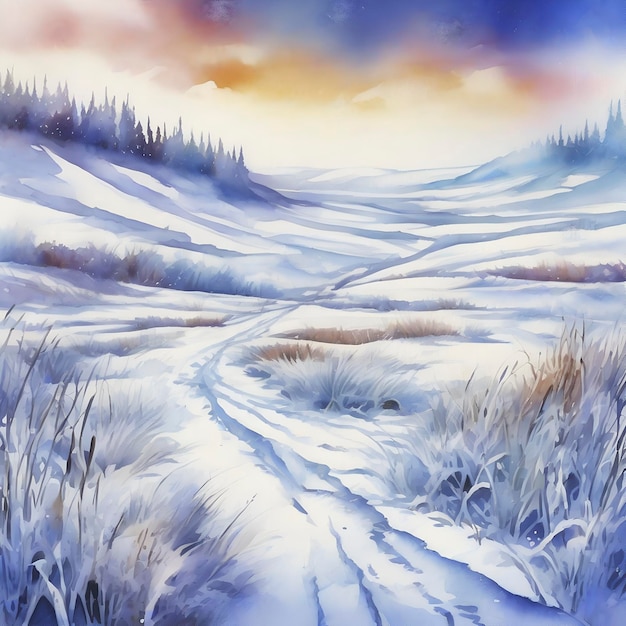 PSD watercolor frozen snowcovered siberian field