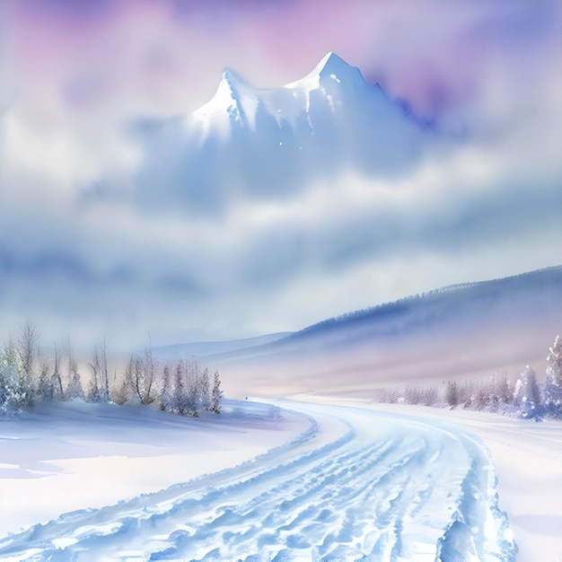 PSD watercolor frozen snowcovered siberian field