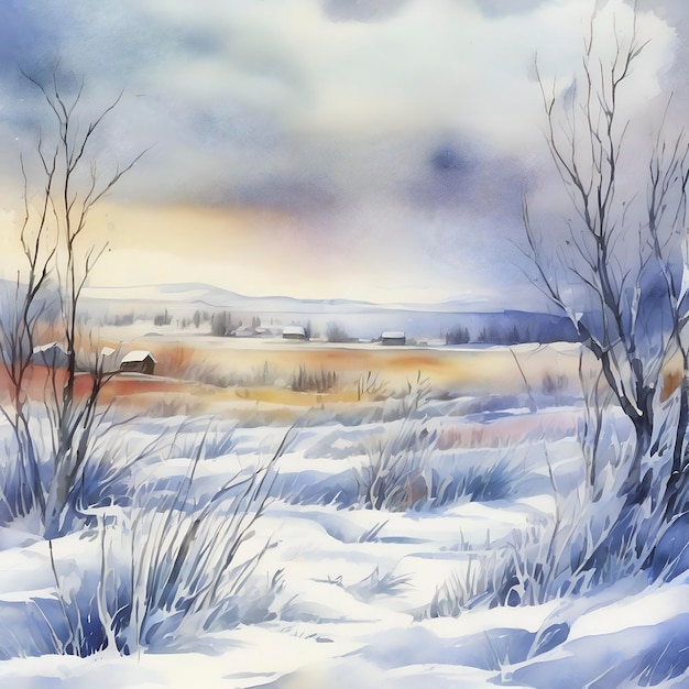 PSD watercolor frozen snowcovered siberian field