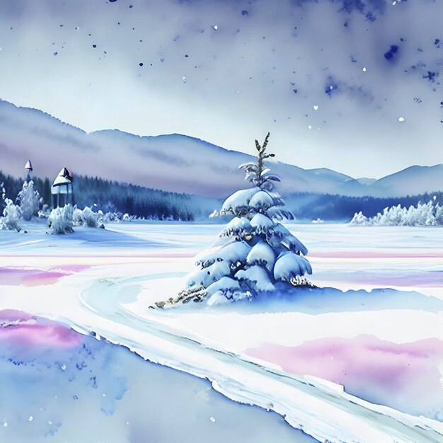 PSD watercolor frozen snowcovered siberian field