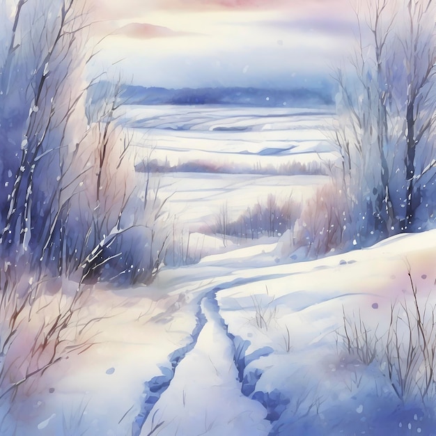 PSD watercolor frozen snowcovered siberian field