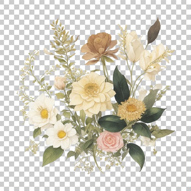 PSD watercolor gold color flower bouquet design transparent background