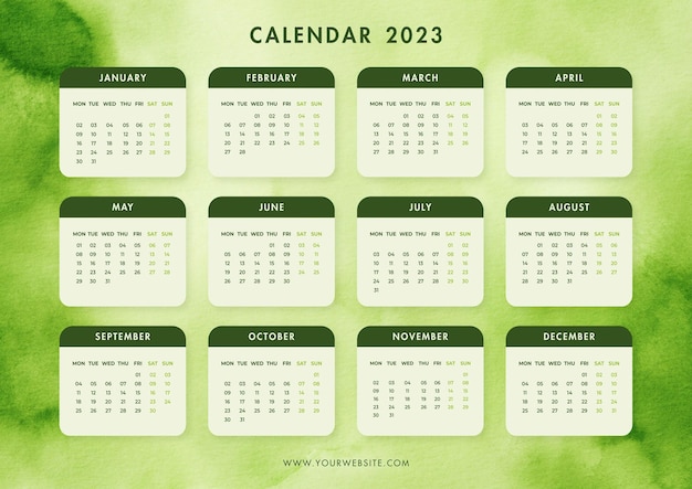 PSD modello di calendario 2023 verde acquerello