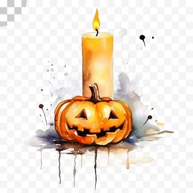 PSD watercolor halloween candles and pumpkins on transparent background