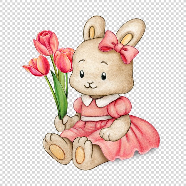 水彩画で手で描いた風船の赤ちゃんウサギ