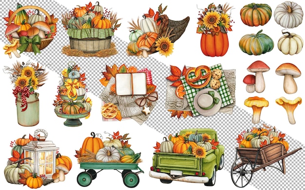 PSD watercolor hand drawn cozy fall season clipart set